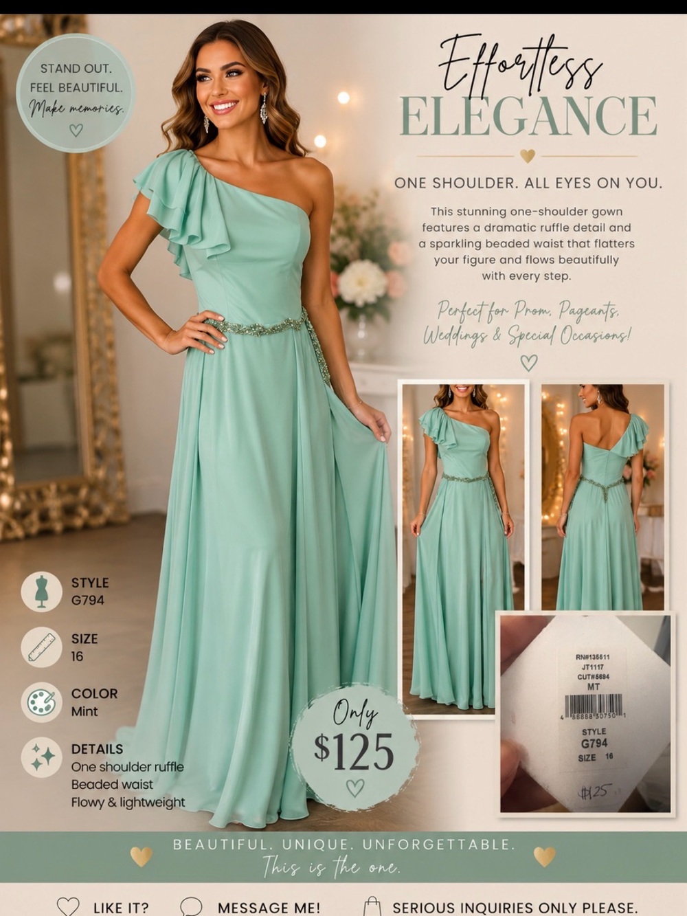 Mint One-Shoulder Ruffle Evening Gown